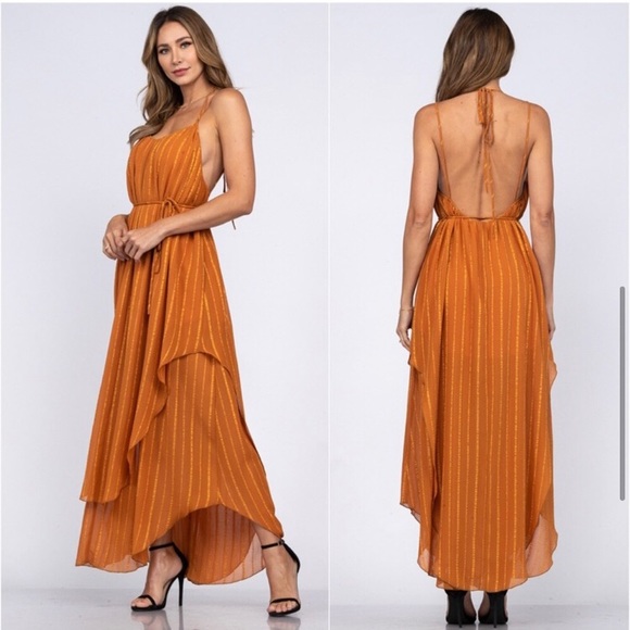 Caramel layered open back women’s dress - Picture 4 of 6
